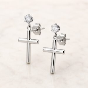 Polished Stainless Steel Cross CZ Stud Earrings — product view