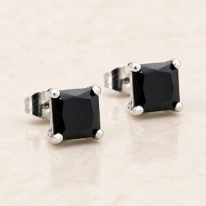 7mm Polished Stainless Steel Square Black-CZ Stud Earrings — product view