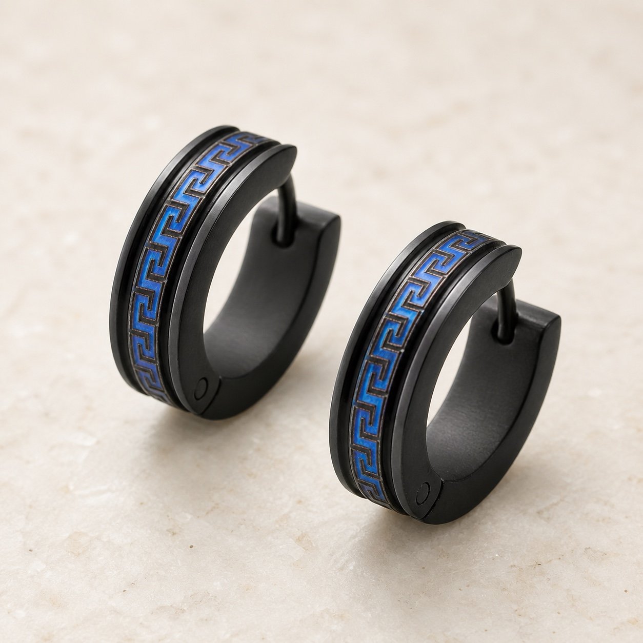 14mm black & blue greek key stainless steel hoop earrings — product view 14mm Black & Blue Greek-Key Stainless Steel Hoop Earrings — product view