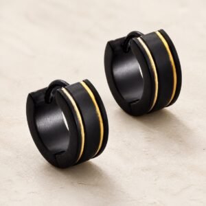 14mm Black & Gold Divoted Stainless Steel Hoop Earrings — product view