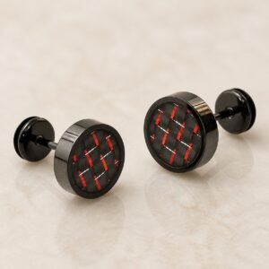 9mm Black-Finish Stainless Steel Red Carbon-Fiber Stud Earrings — product view