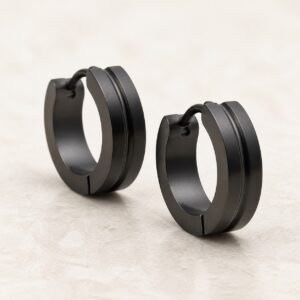 14mm Black-Finish Stainless Steel Divoted Hoop Earrings — product view