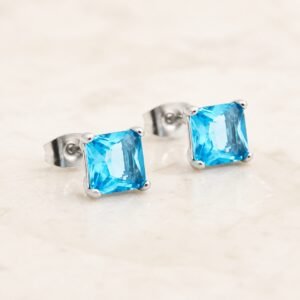 7mm Polished Stainless Steel Square Blue-CZ Stud Earrings — product view