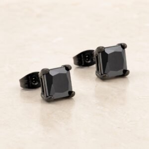 7mm Black-Finish Stainless Steel Square Black-CZ Stud Earrings — product view