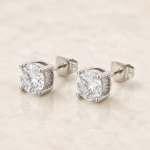 8mm Polished Stainless Steel CZ Stud Earrings — product view