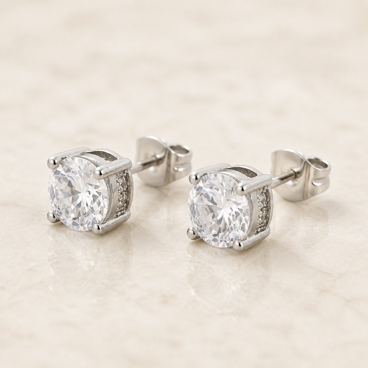 8mm polished stainless steel cz stud earrings — product view 8mm Polished Stainless Steel CZ Stud Earrings — product view