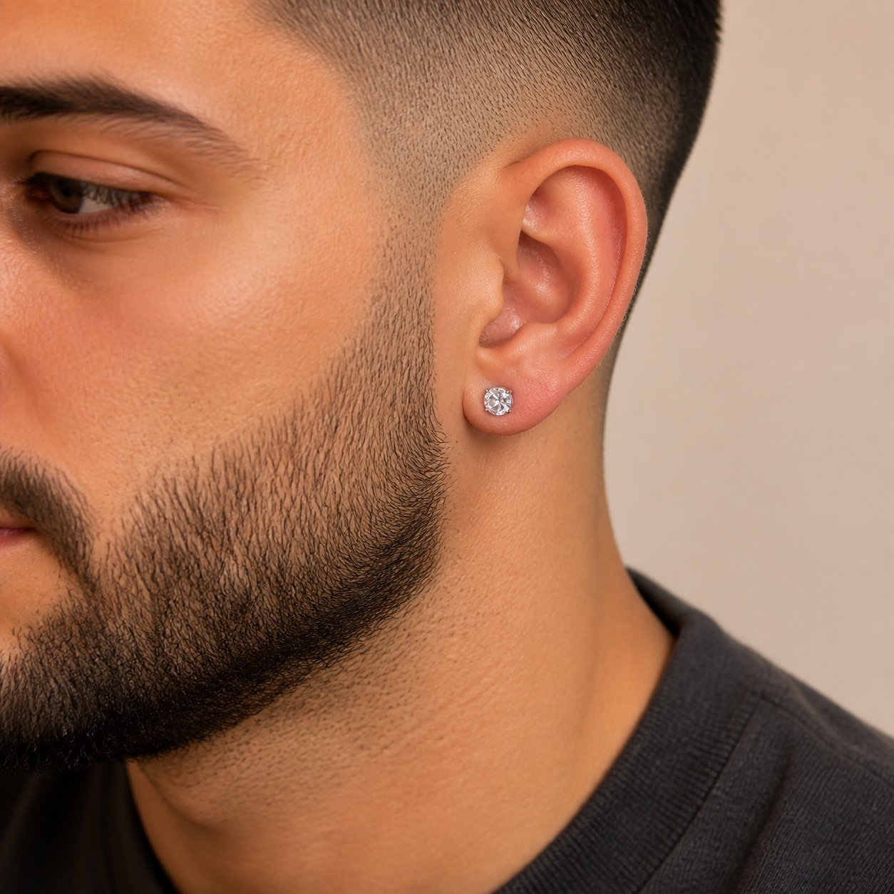8mm polished stainless steel cz stud earrings — close worn view 8mm Polished Stainless Steel CZ Stud Earrings — close worn view