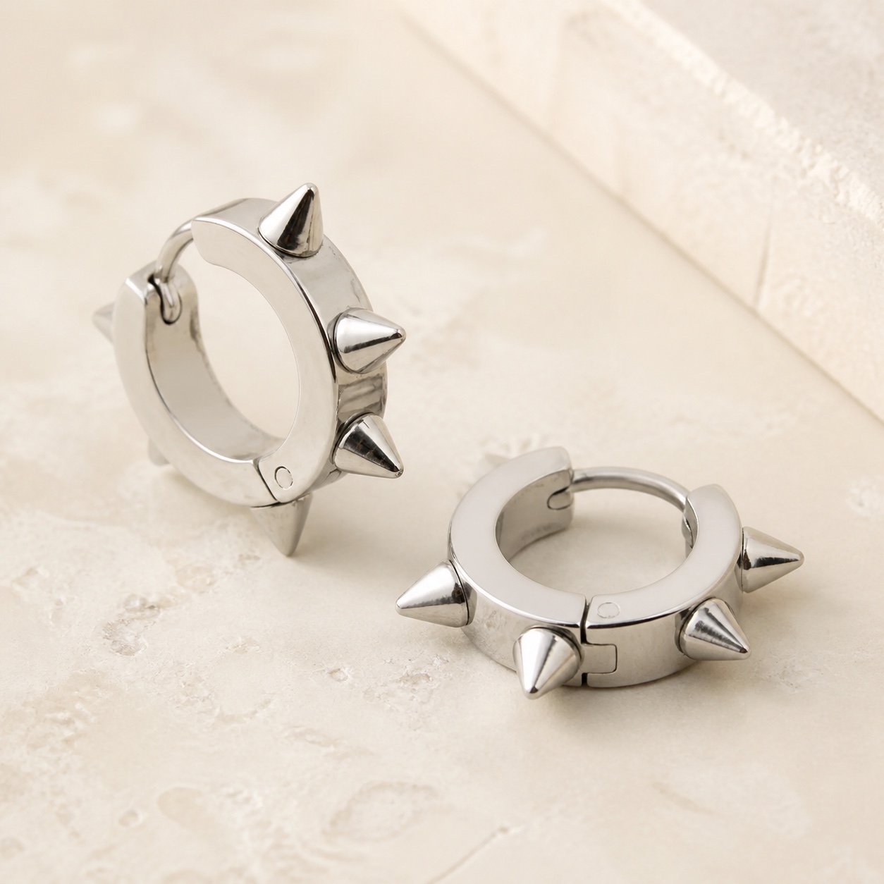 20mm polished stainless steel spike hoop earrings — product view 20mm Polished Stainless Steel Spike Hoop Earrings — product view