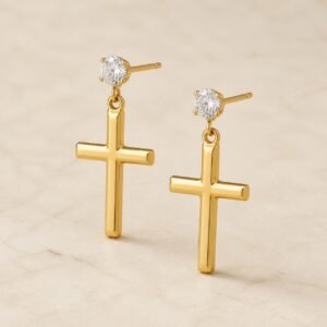 Gold-Finish Stainless Steel Cross CZ Stud Earrings — product view
