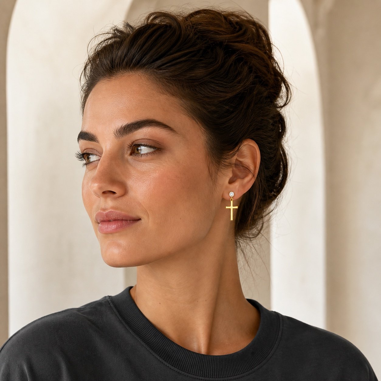Gold-Finish Stainless Steel Cross CZ Stud Earrings — portrait view Gold-Finish Stainless Steel Cross CZ Stud Earrings — portrait view
