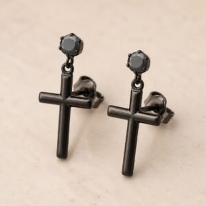 Black-Finish Stainless Steel Cross Black-CZ Stud Earrings — product view