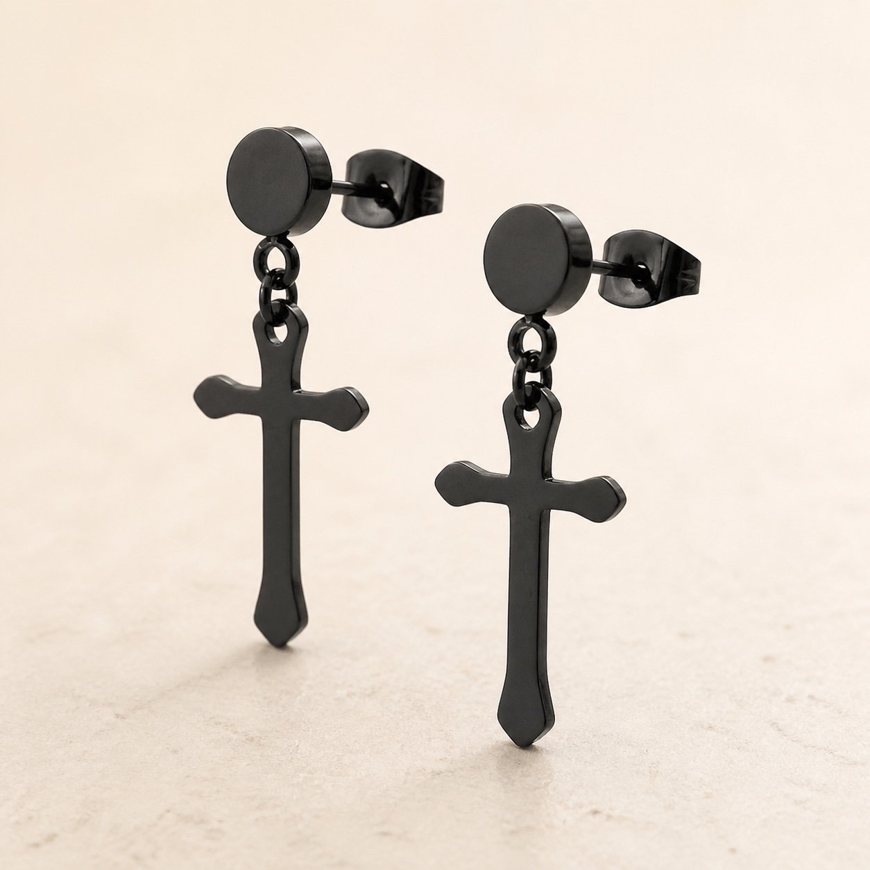 Black-Finish Stainless Steel Cross Stud Earrings — product view Black-Finish Stainless Steel Cross Stud Earrings — product view