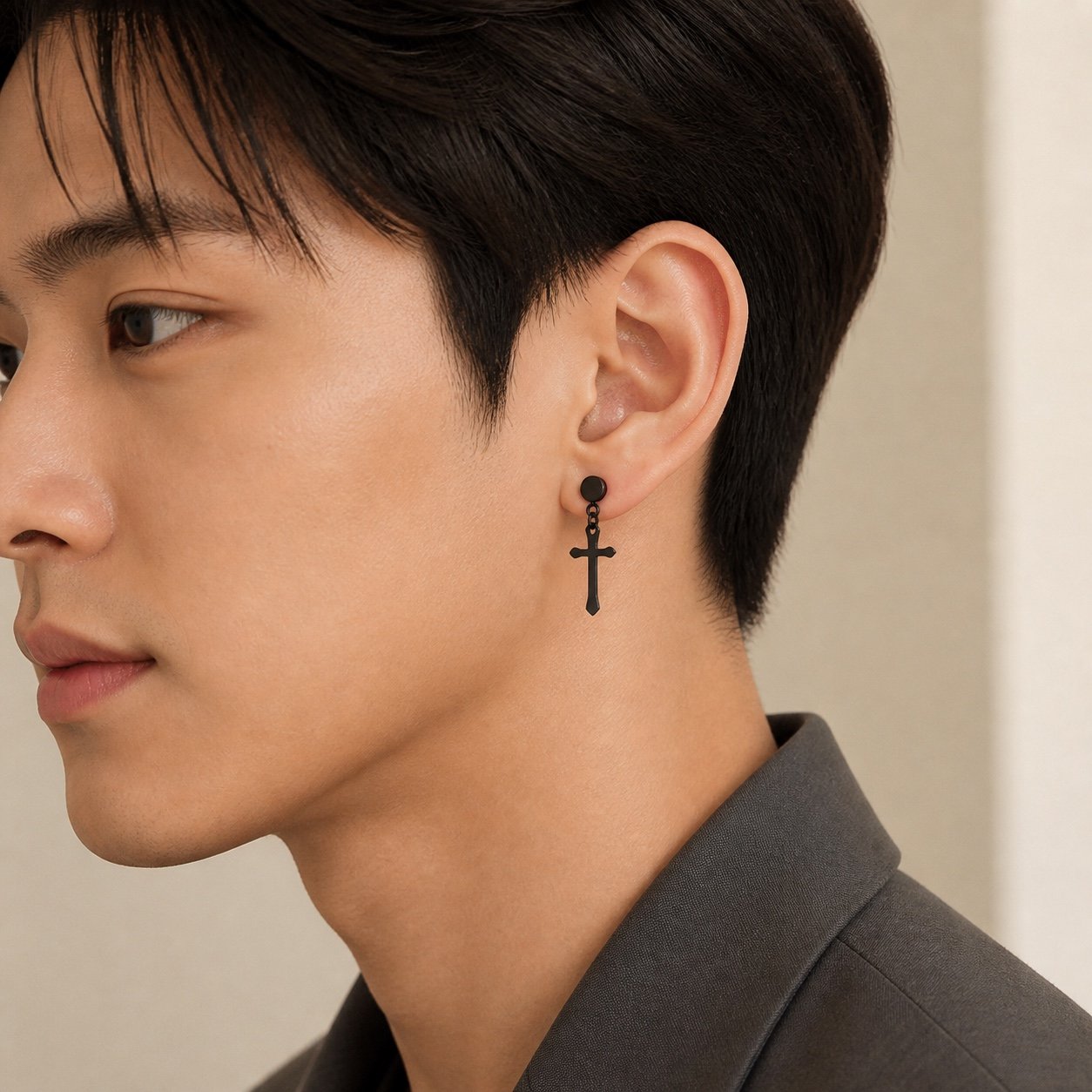 Black-Finish Stainless Steel Cross Stud Earrings — close worn view Black-Finish Stainless Steel Cross Stud Earrings — close worn view