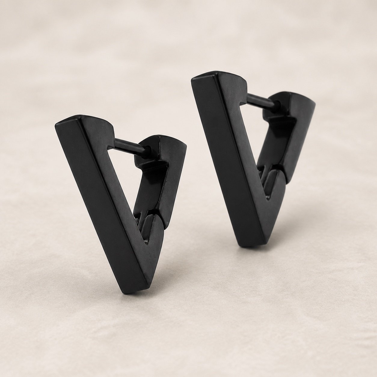 Black-Finish Stainless Steel Triangle Hoop Earrings — product view Black-Finish Stainless Steel Triangle Hoop Earrings — product view