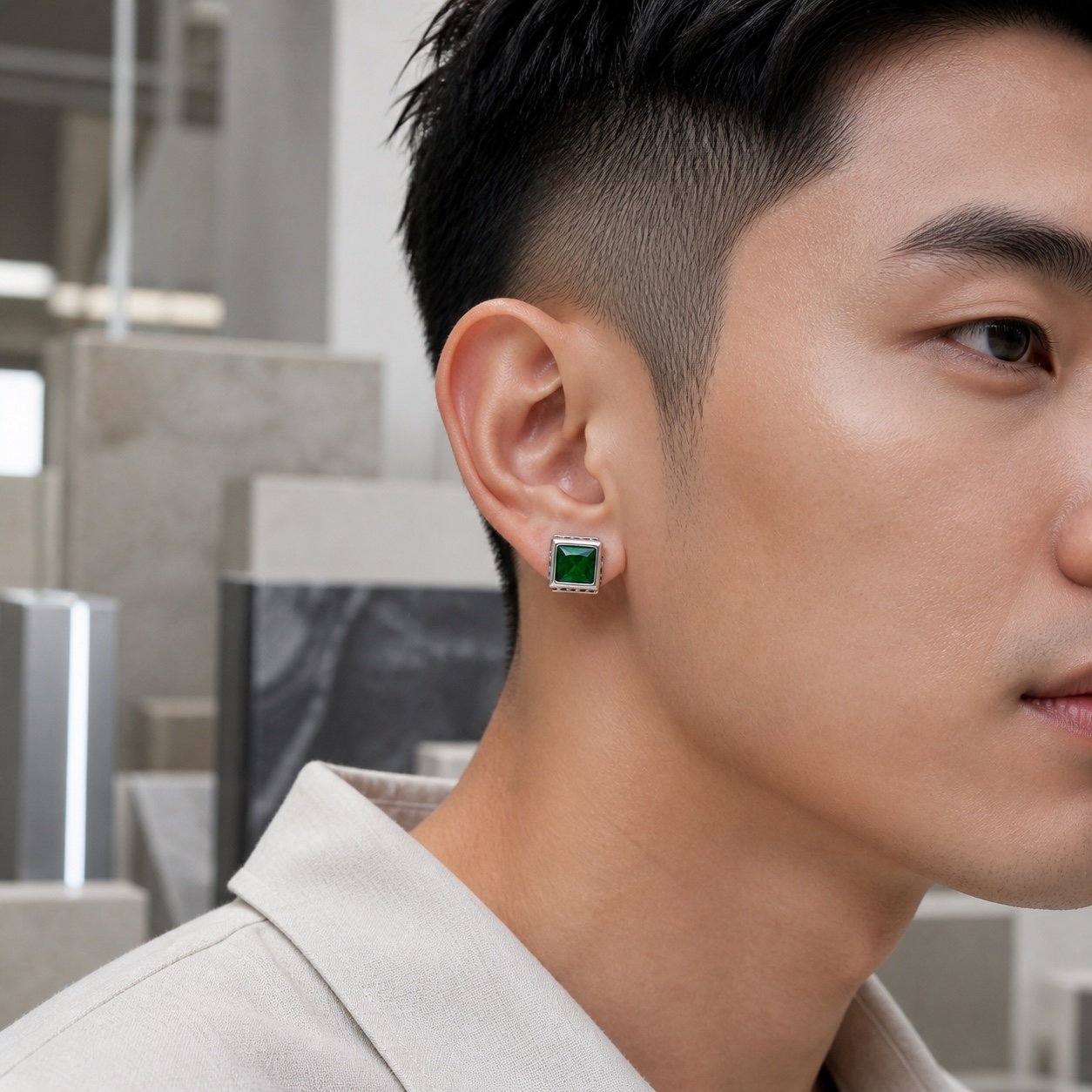 13mm Green Cubic Zirconia Stud Earrings — detail view 13mm Green Cubic Zirconia Stud Earrings — detail view