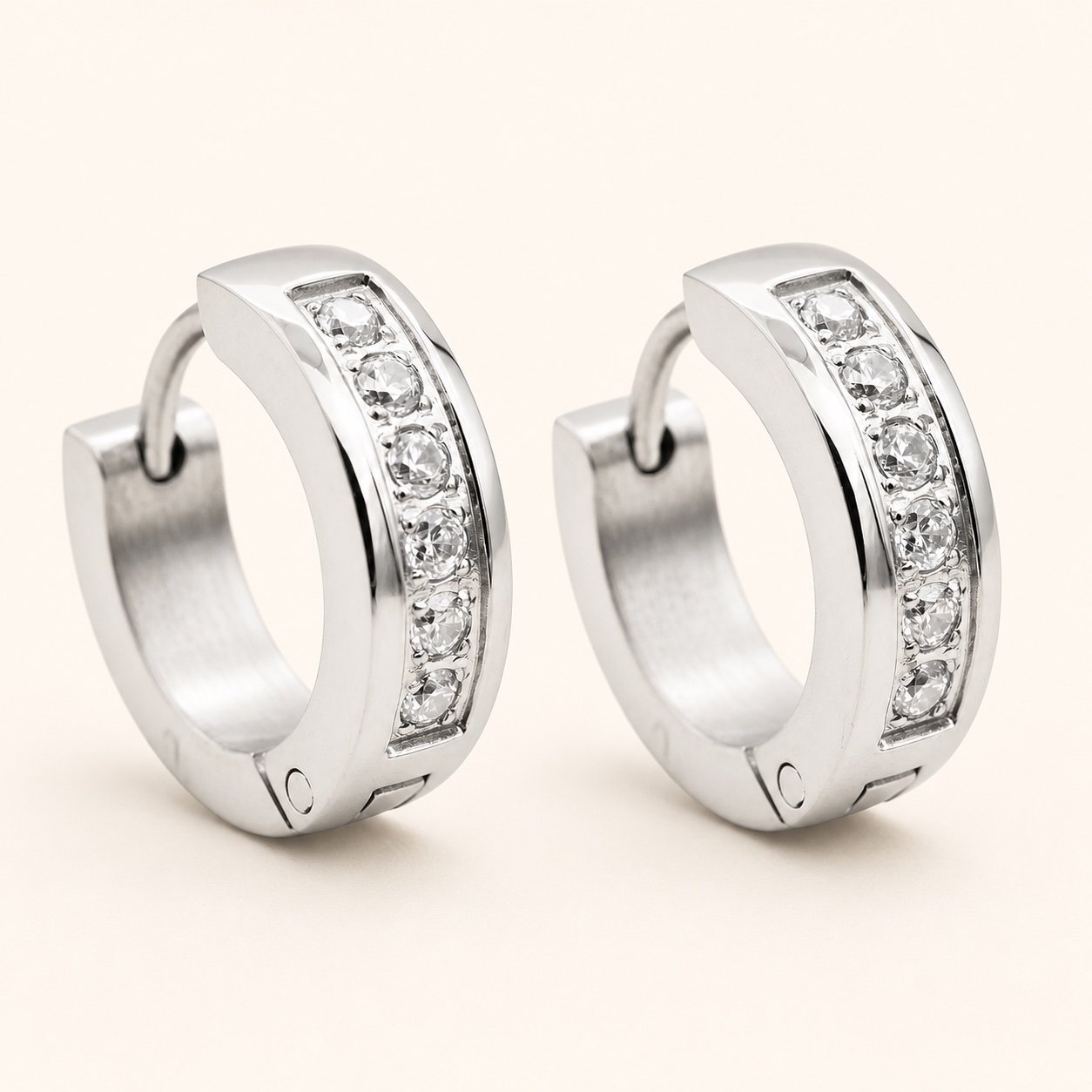 14mm Cubic Zirconia Stainless Steel Hoop Earrings — product view 14mm Cubic Zirconia Stainless Steel Hoop Earrings — product view