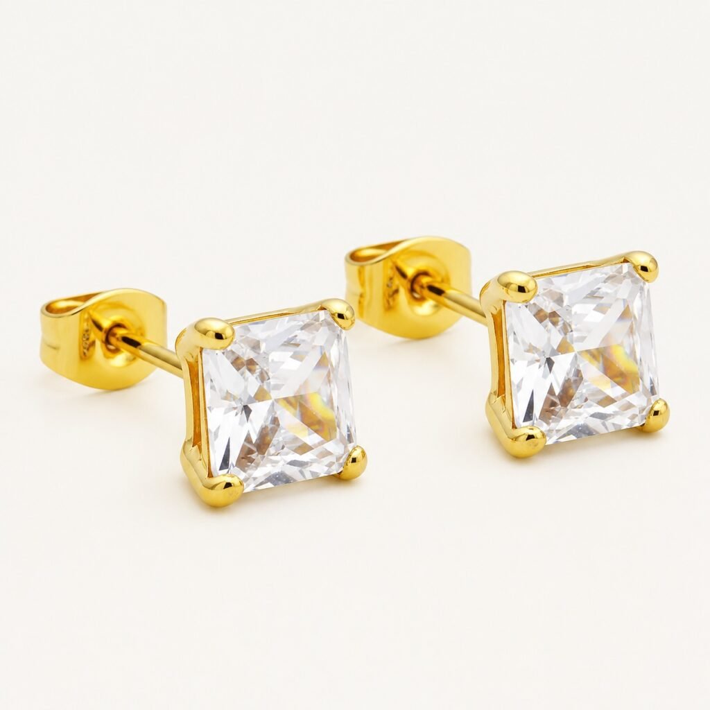 7mm 18K Gold-Plated Square CZ Stud Earrings