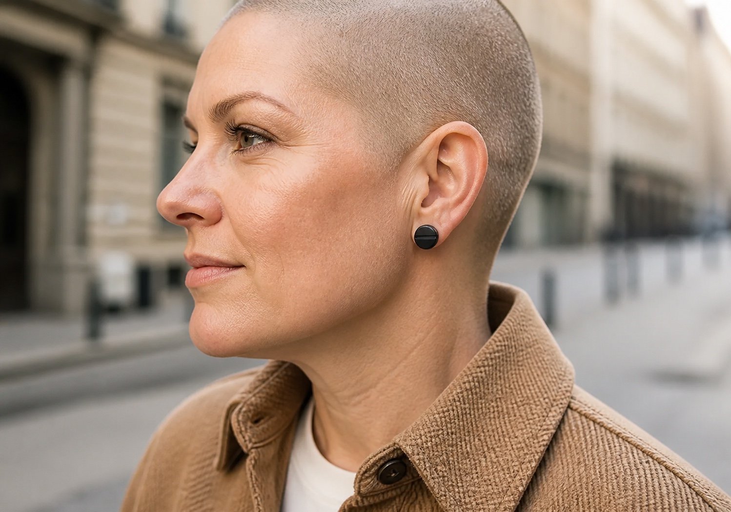 8mm Black-Plated Stainless Steel Screw-Back Earrings — lifestyle view 8mm Black-Plated Stainless Steel Screw-Back Earrings — lifestyle view