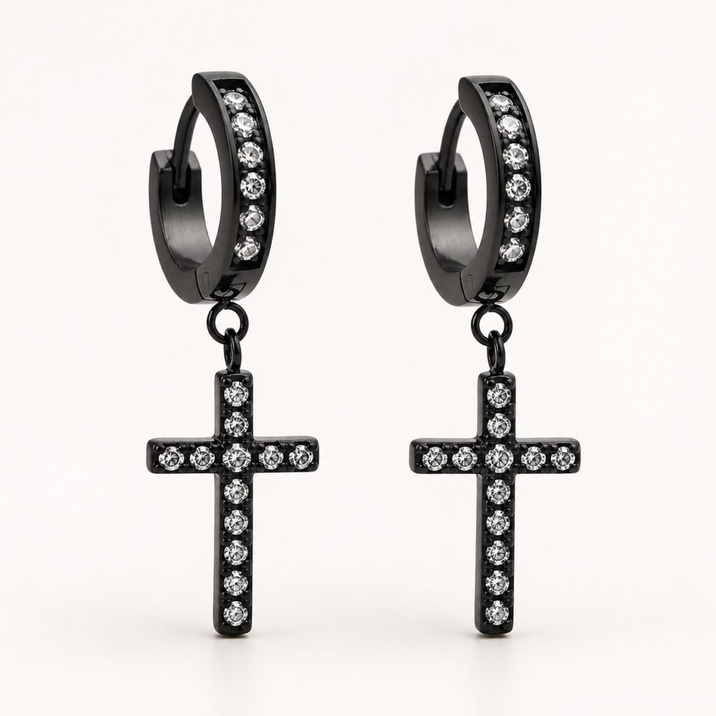 Black Stainless Steel Cross Hoop Earrings with CZ