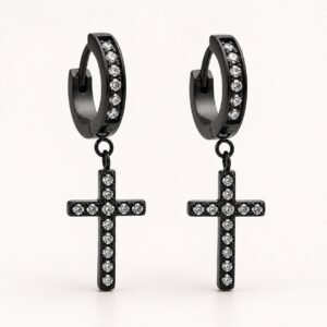 Black Stainless Steel Cross Hoop Earrings with CZ — product view
