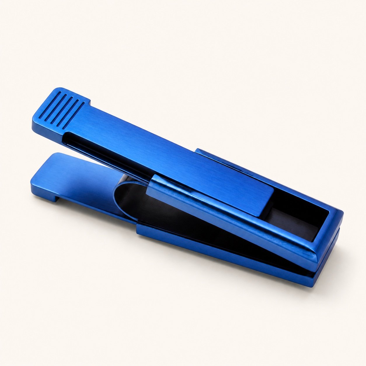 Blue Stainless Steel Pull-Out Clamp Money Clip — detail view Blue Stainless Steel Pull-Out Clamp Money Clip — detail view
