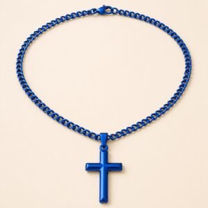 Blue Stainless Steel Cross Pendant with 24" Curb Chain — product view