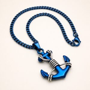 Blue Stainless Steel Anchor Pendant Necklace — product view