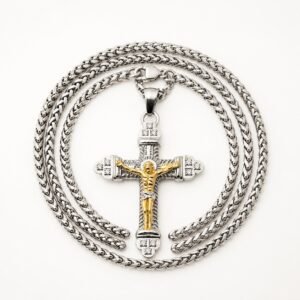 Two-Tone Gold Stainless Steel Cross with 24" Franco Chain — product view