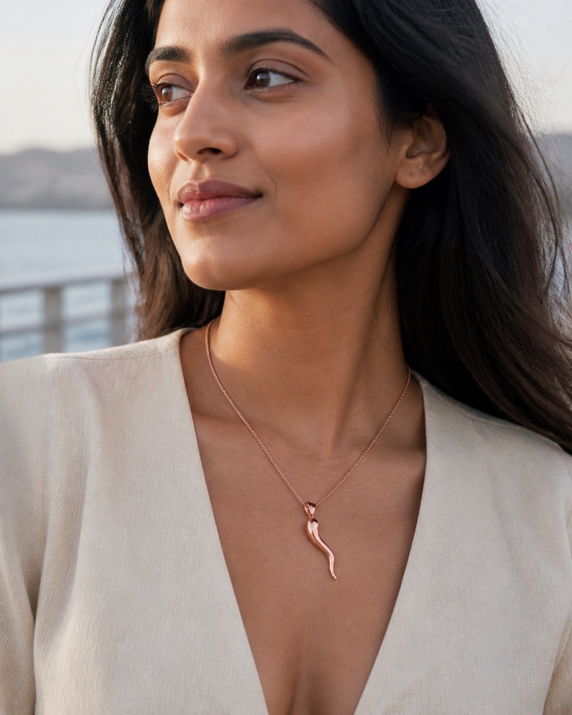 Rose Gold-Tone Stainless Steel Italian Horn Pendant — detail view Rose Gold-Tone Stainless Steel Italian Horn Pendant — detail view