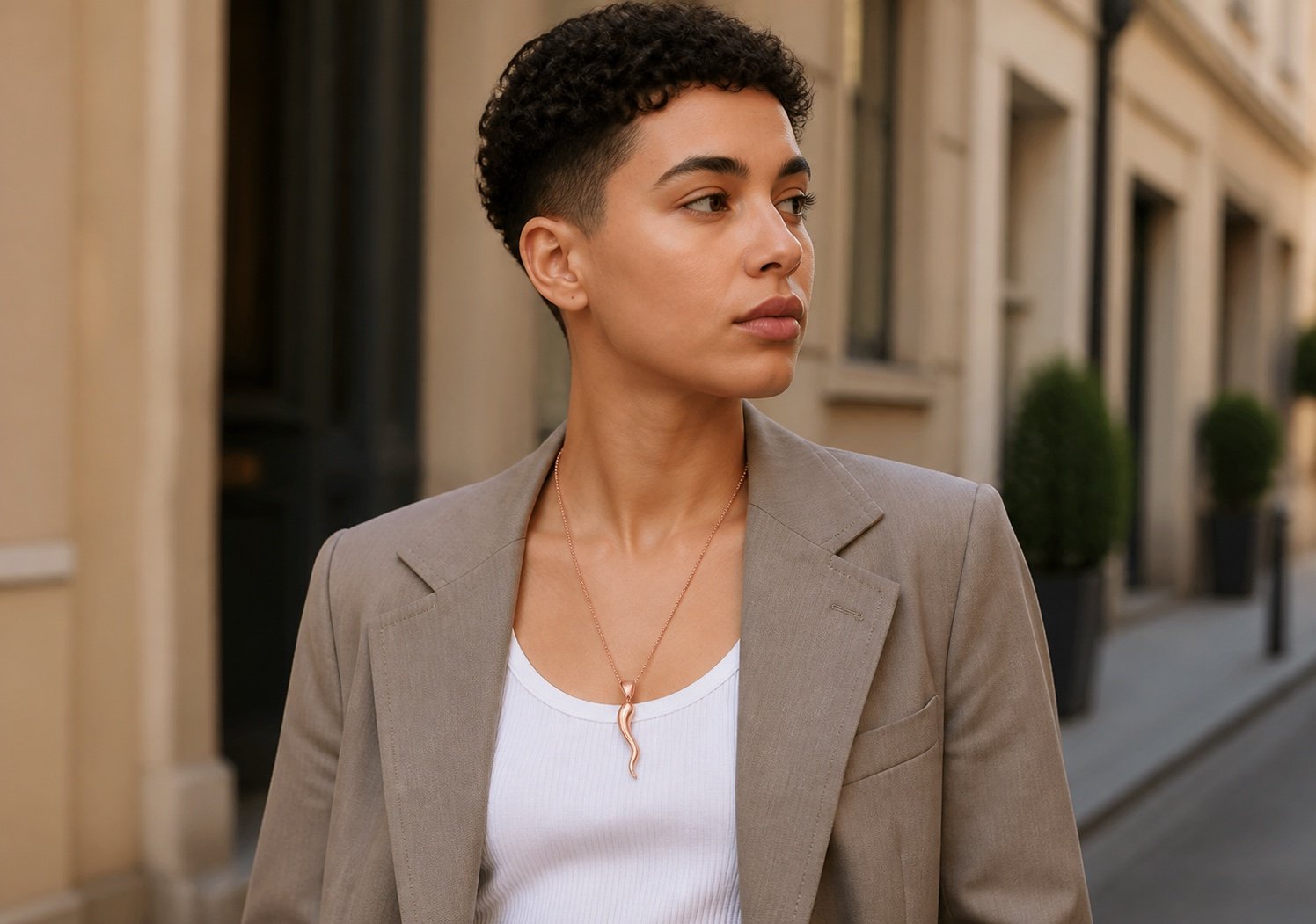 Rose Gold-Tone Stainless Steel Italian Horn Pendant — lifestyle view Rose Gold-Tone Stainless Steel Italian Horn Pendant — lifestyle view