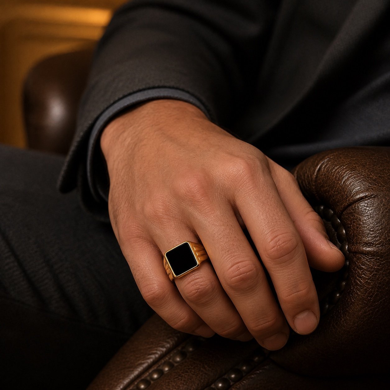 Gold-Tone Black Onyx Signet Ring — medium worn view Gold-Tone Black Onyx Signet Ring — medium worn view