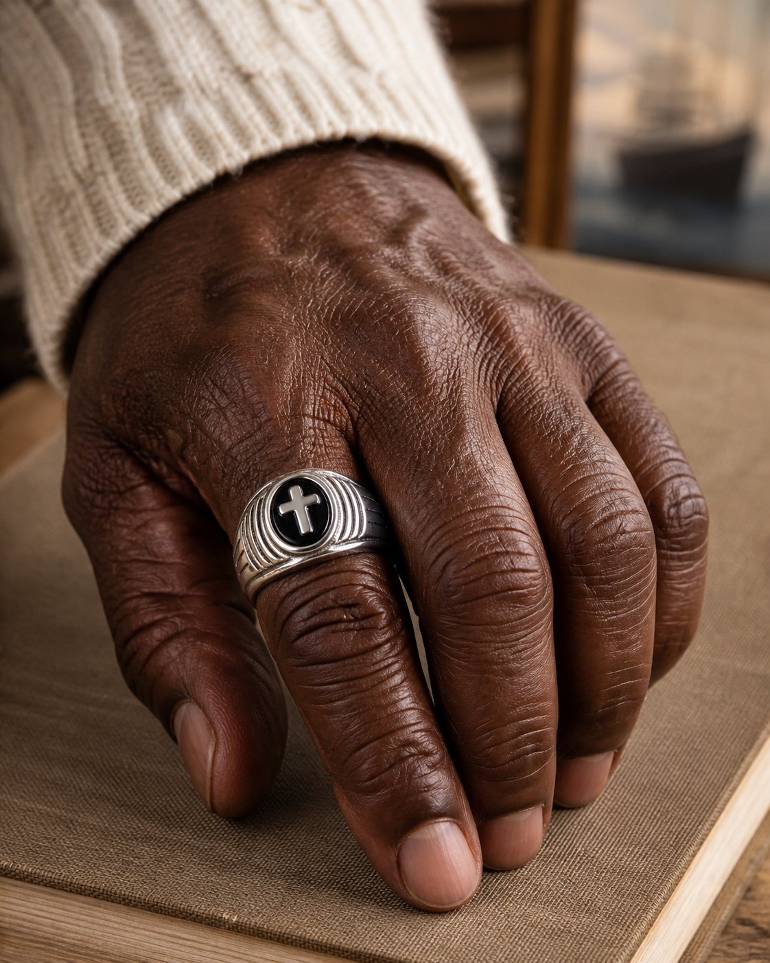 onyx stainless steel cross ring — detail view Onyx Stainless Steel Cross Ring — detail view
