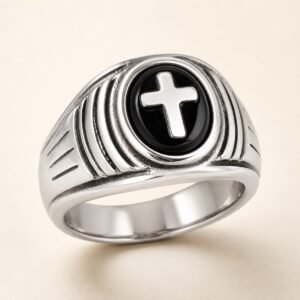 Onyx Stainless Steel Cross Ring — product view