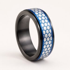 Black & Blue Honeycomb Stainless Steel Spinner Ring — product view