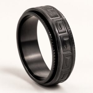 8mm Black Stainless Steel Greek Key Spinner Ring — product view