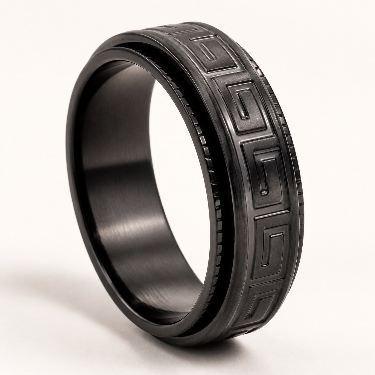 8mm Black Stainless Steel Greek Key Spinner Ring — product view 8mm Black Stainless Steel Greek Key Spinner Ring — product view