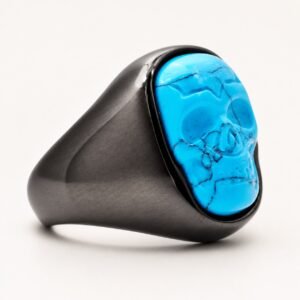 Genuine Turquoise Black Stainless Steel Skull Ring — product view