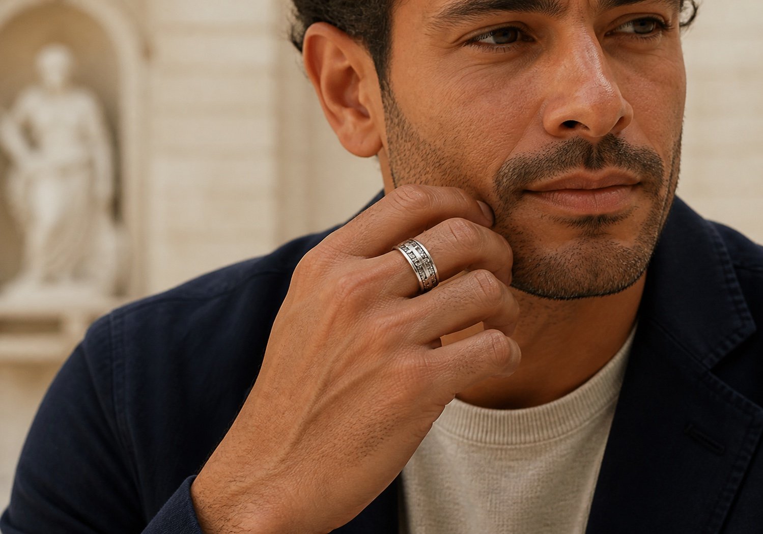 Stainless Steel Cross Band Ring — detail view Stainless Steel Cross Band Ring — detail view
