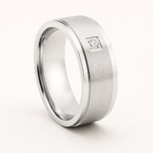 Brushed Stainless Steel Band Ring with CZ — product view