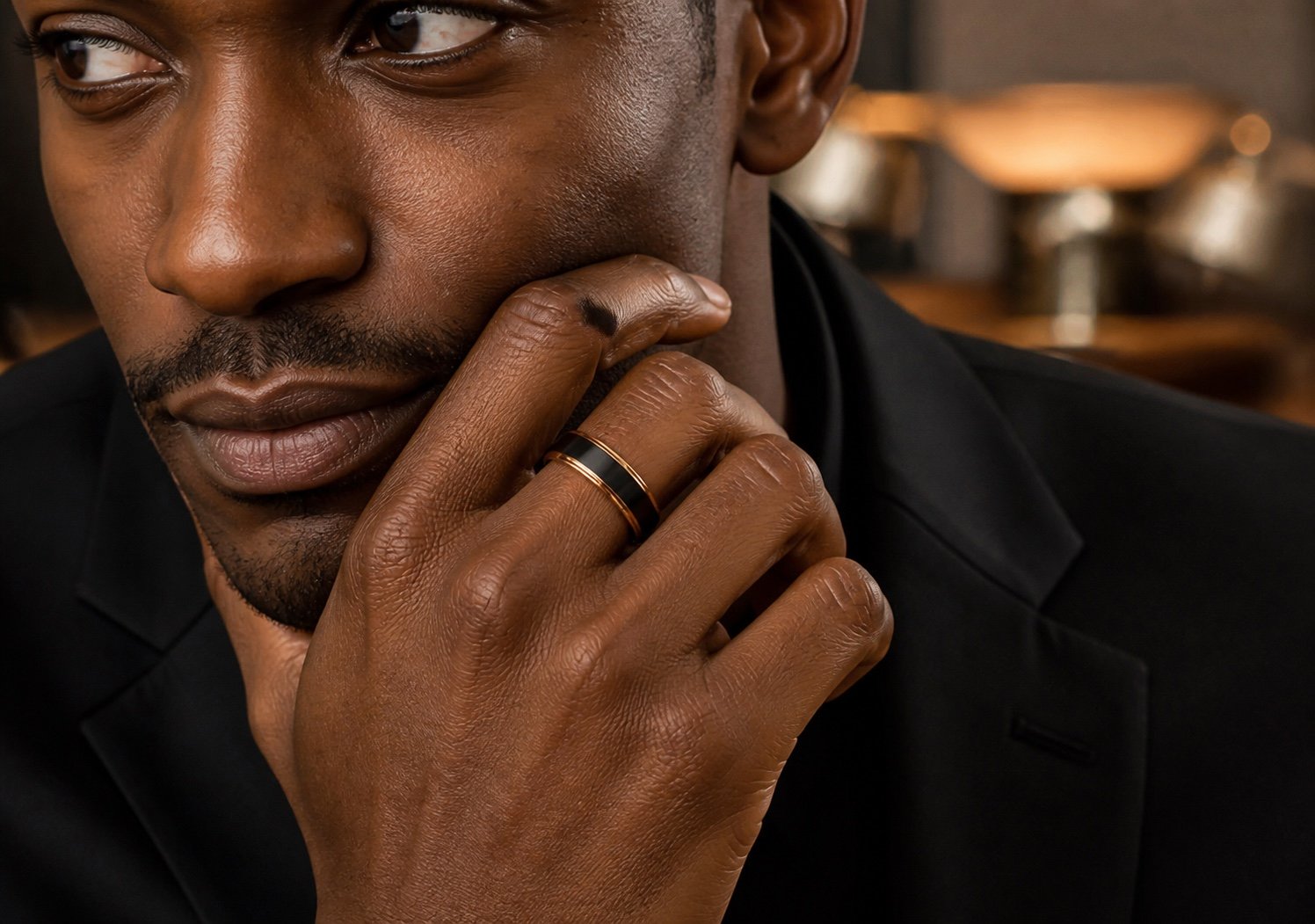 Black & Rose Gold-Tone Edge Band Ring — detail view Black & Rose Gold-Tone Edge Band Ring — detail view