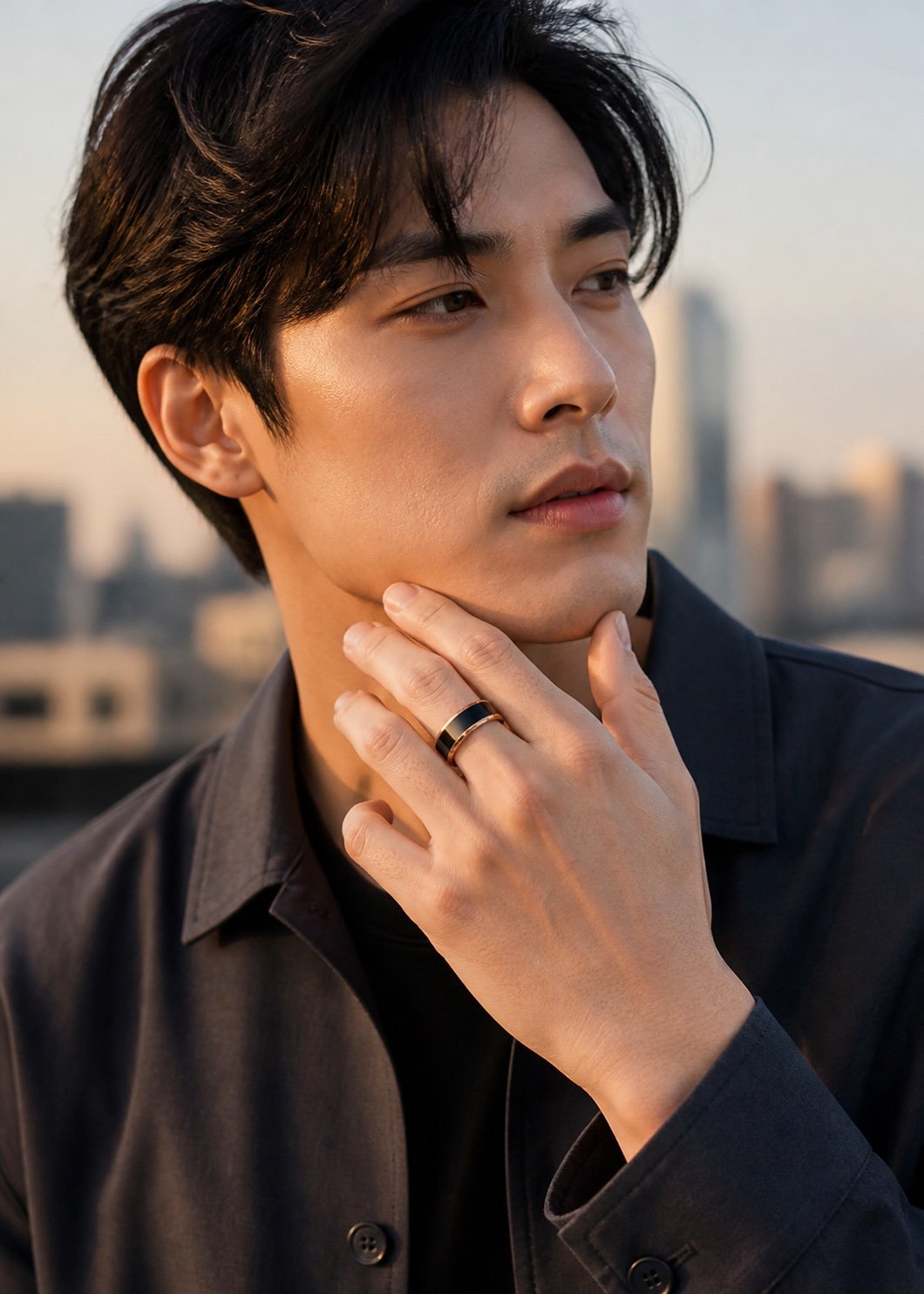 Black & Rose Gold-Tone Edge Band Ring — styled view Black & Rose Gold-Tone Edge Band Ring — styled view