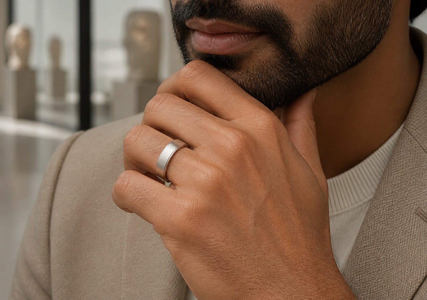 6mm Matte Stainless Steel Band Ring — detail view 6mm Matte Stainless Steel Band Ring — detail view