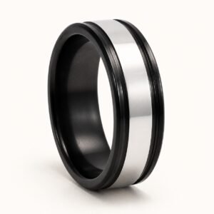 8mm Silver Center & Black-Edge Band Ring — product view