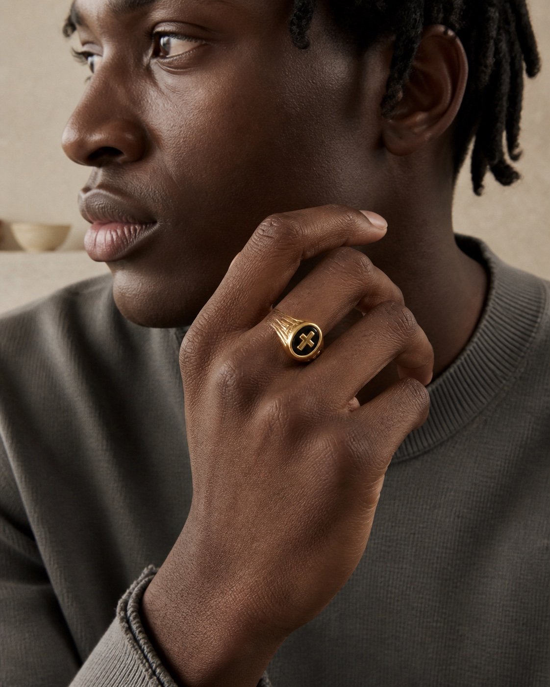 Gold-Tone Onyx Cross Statement Ring — detail view Gold-Tone Onyx Cross Statement Ring — detail view