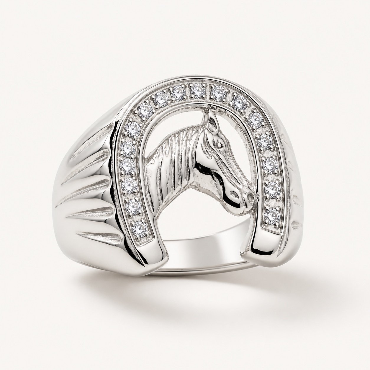 Polished Horseshoe Ring with Cubic Zirconia — product view Polished Horseshoe Ring with Cubic Zirconia — product view