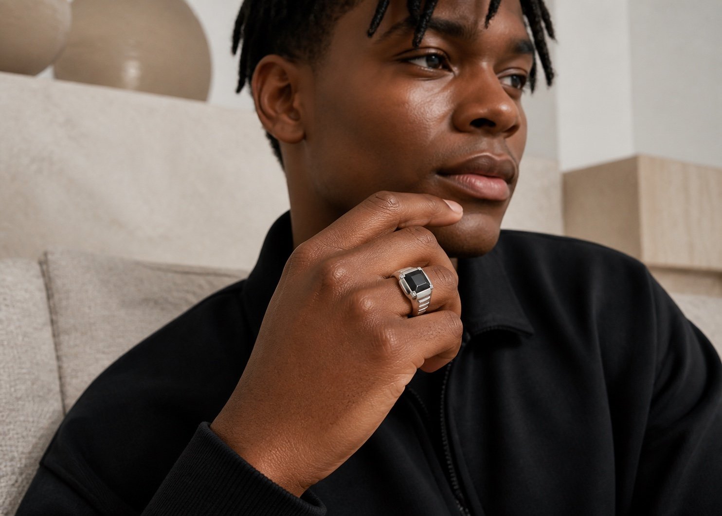 onyx signet ring with four cubic zirconia — detail view Onyx Signet Ring with Four Cubic Zirconia — detail view