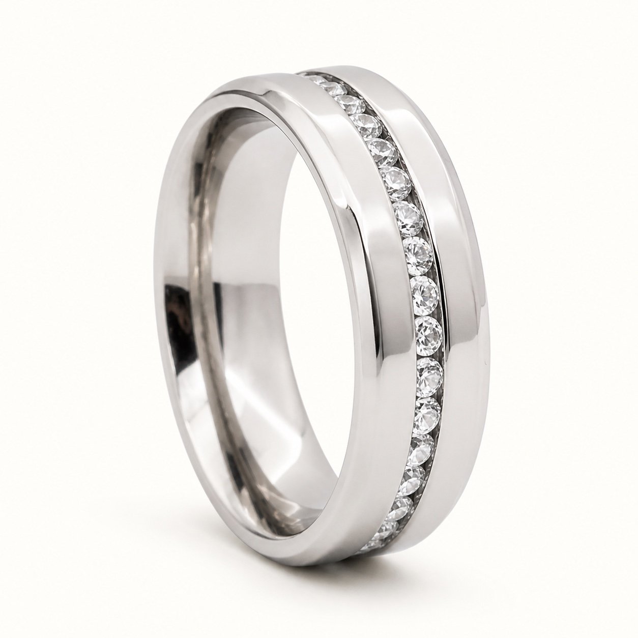 Stainless Steel Channel-Set CZ Band — product view Stainless Steel Channel-Set CZ Band — product view