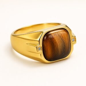 Tiger Eye Gold-Tone Signet Ring with Cubic Zirconia — product view