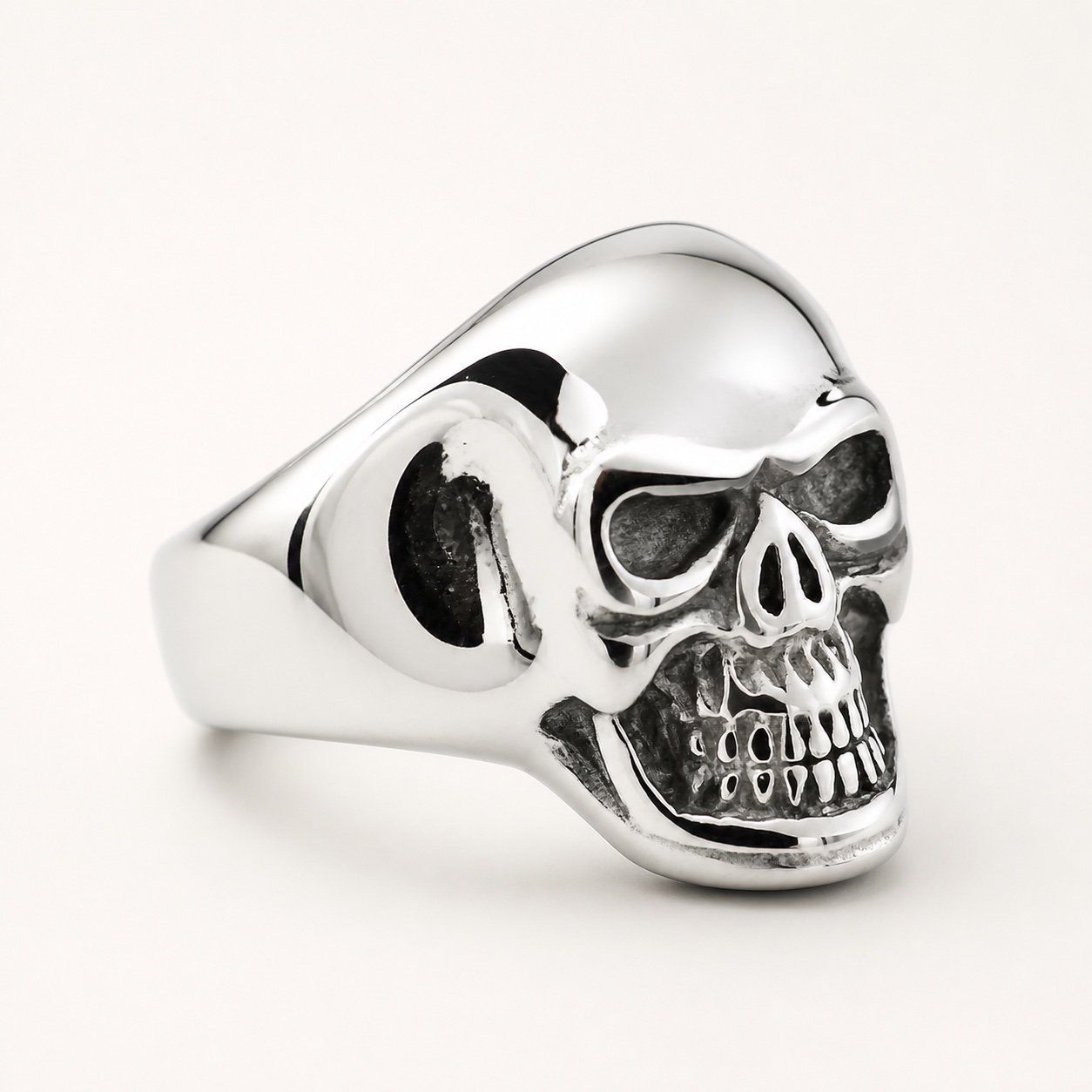 Polished Stainless Steel Skull Ring — product view Polished Stainless Steel Skull Ring — product view