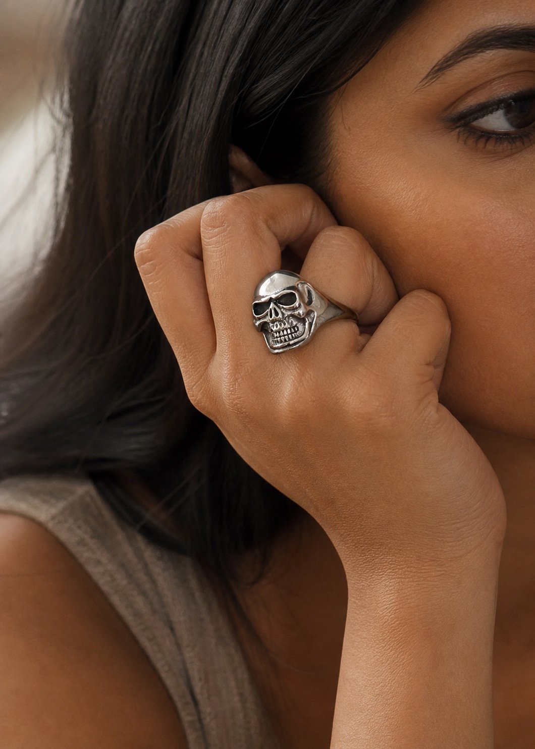 Polished Stainless Steel Skull Ring — detail view Polished Stainless Steel Skull Ring — detail view